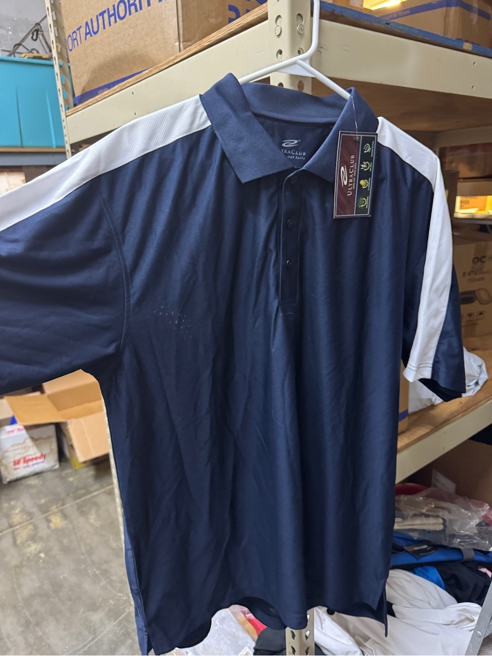 Men's Navy Polo with White Shoulder Panels. Size Large. NWT